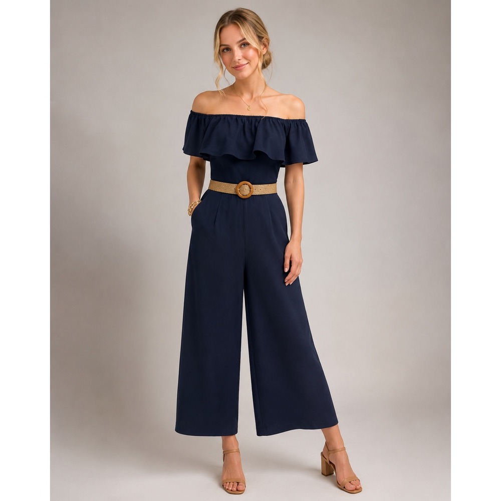 Banana Republic Black Off Shoulder Ruffle Wide Leg‎ Cropped Jumpsuit Size 4